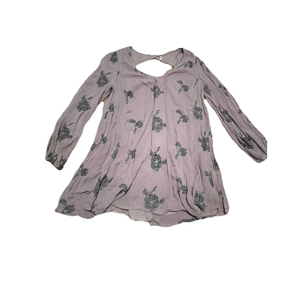Free People Embroidered Austin Mini Dress long sleeve floral boho lavender Med